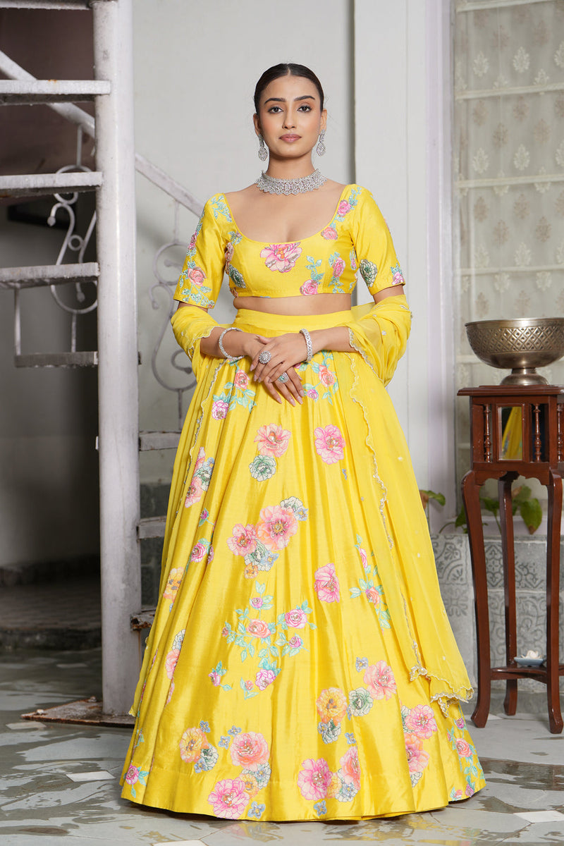 Empire Yellow Applique Lehenga Set