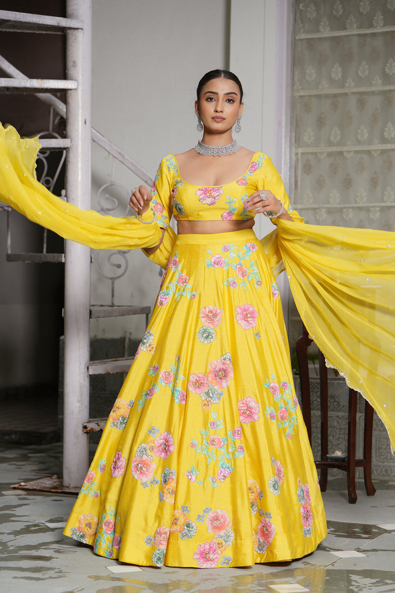 Empire Yellow Applique Lehenga Set