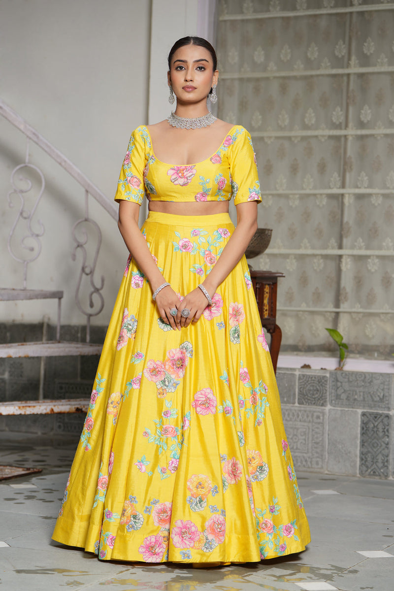 Empire Yellow Applique Lehenga Set