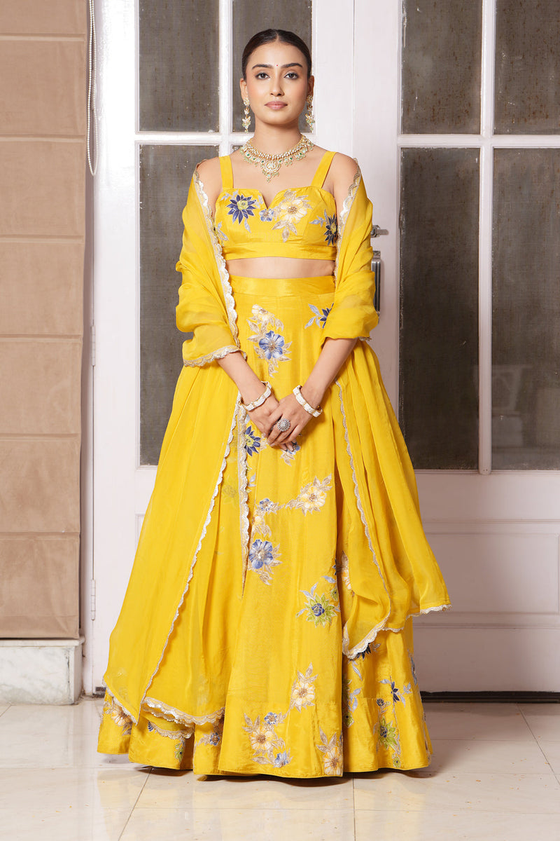 Mustard Applique Floral Lehenga Set