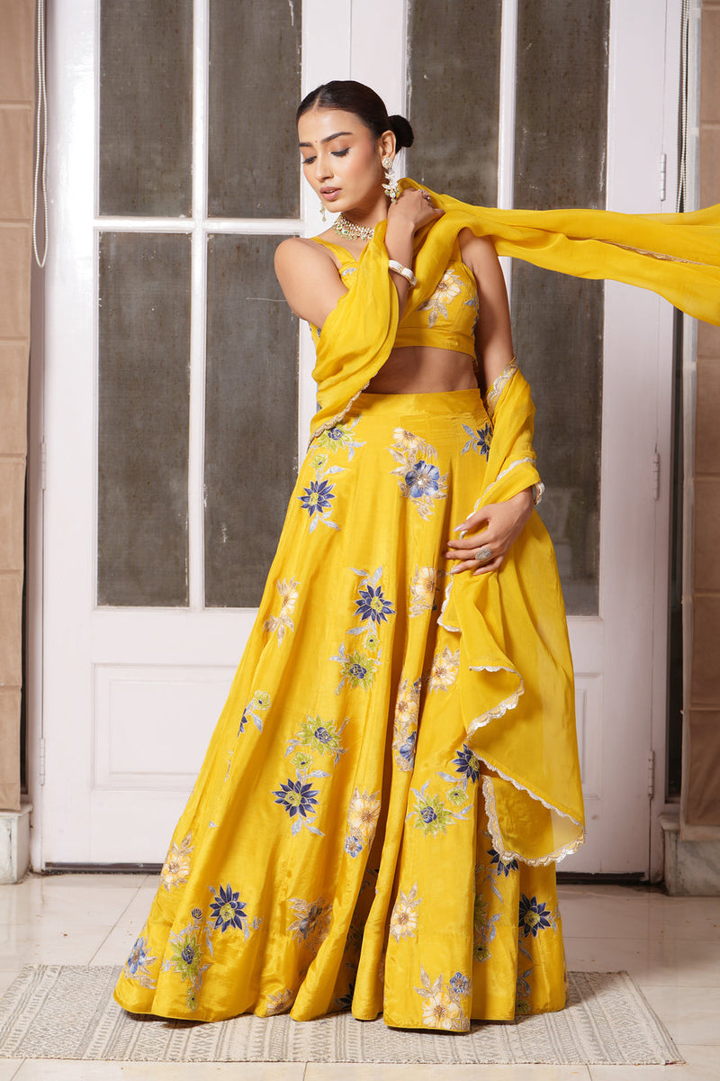 Mustard Applique Floral Lehenga Set