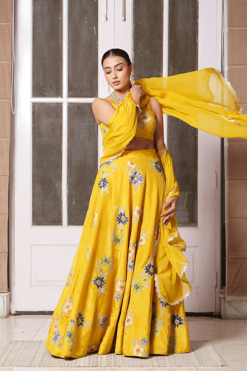 Mustard Applique Floral Lehenga Set