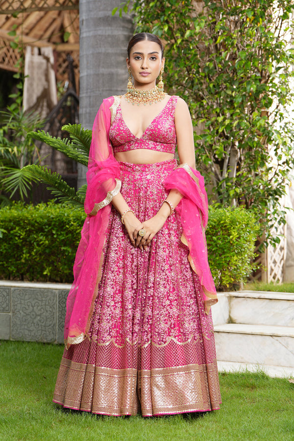 Beetroot Indo Western With Pink Lehenga in Heavy Georgette in Paper Mirror  in USA, UK, Malaysia, South Africa, Dubai, Singapore