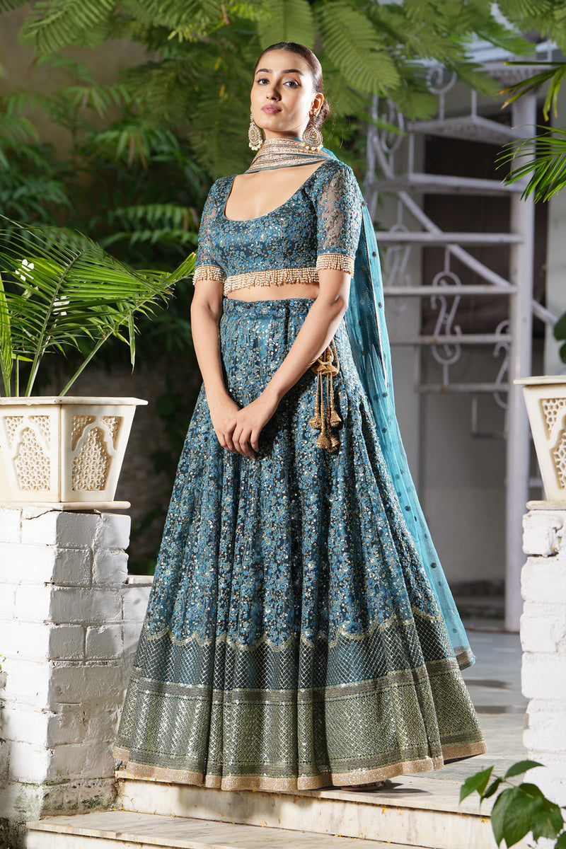 Teal Embroidered Lehenga Set