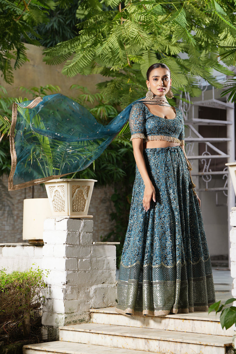 Teal Embroidered Lehenga Set