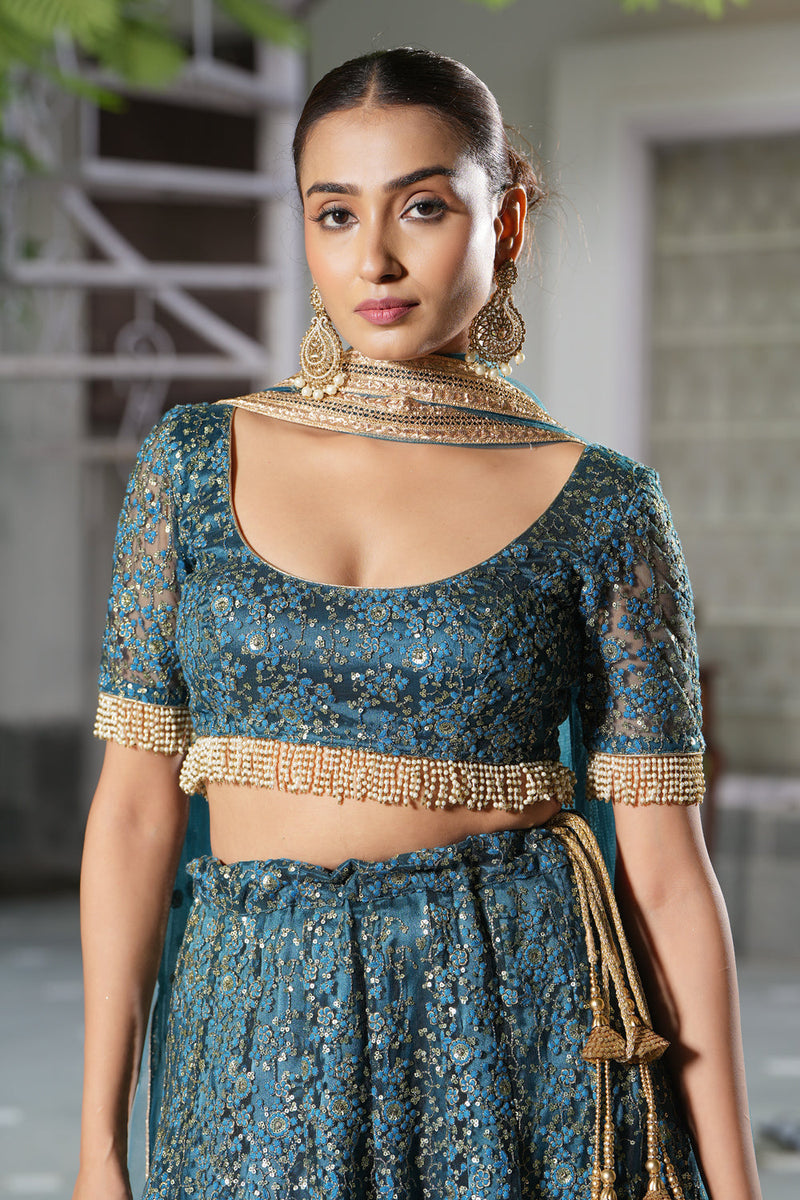 Teal Embroidered Lehenga Set