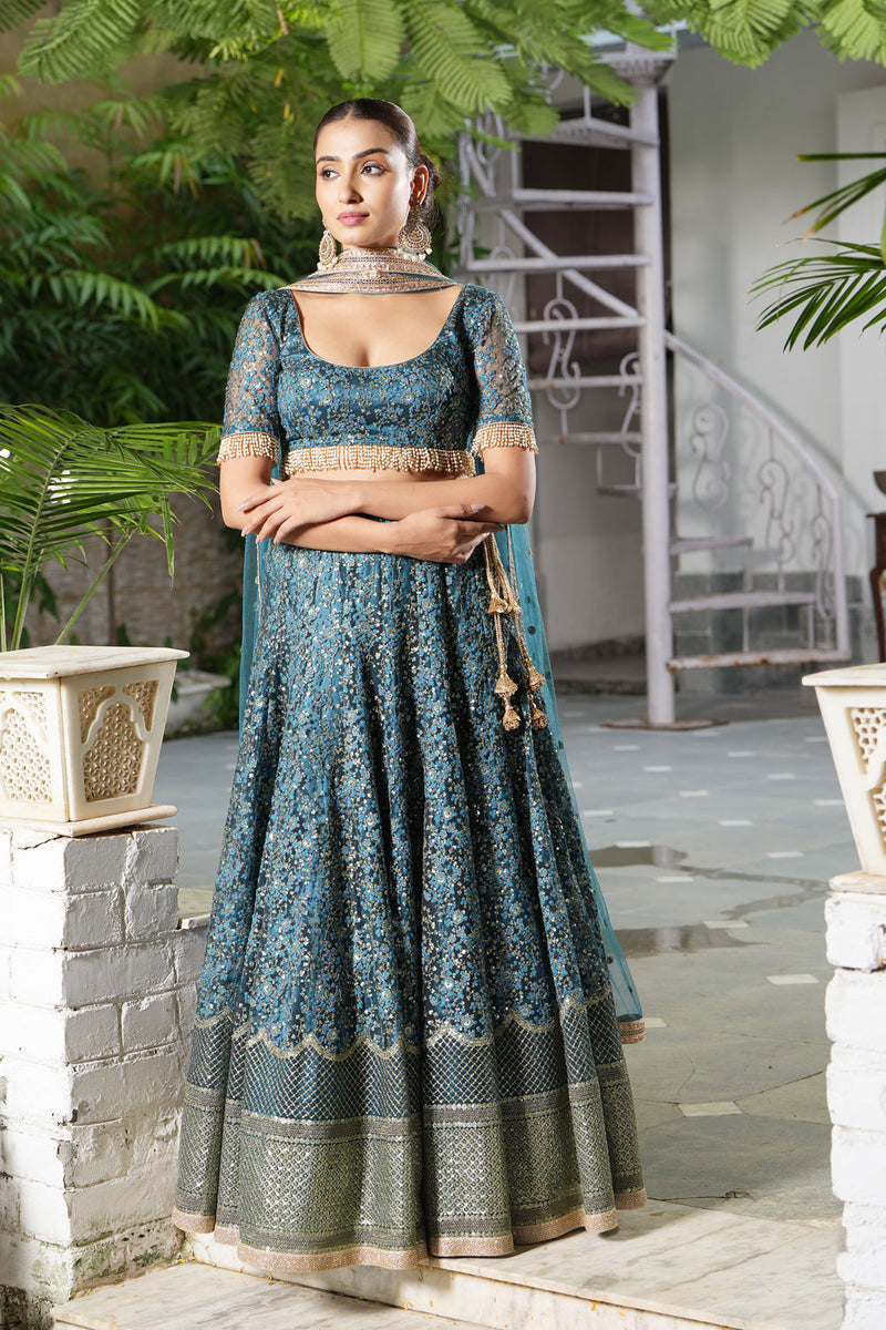 Teal Embroidered Lehenga Set