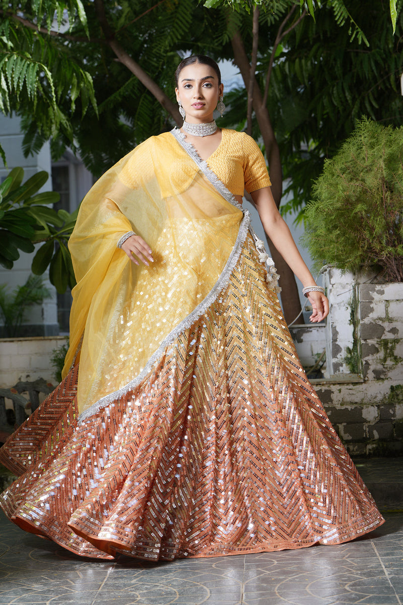 Ombre Yellow-Orange Sequins Lehenga Set