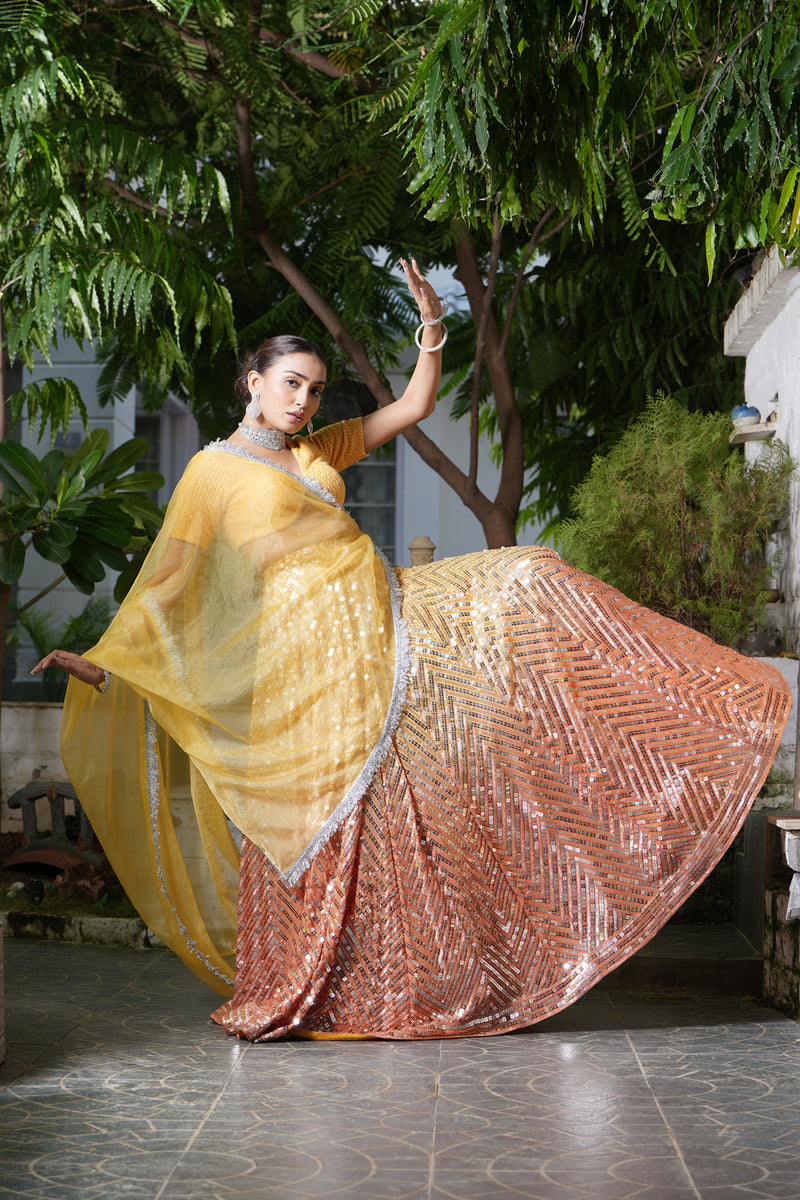 Ombre Yellow-Orange Sequins Lehenga Set