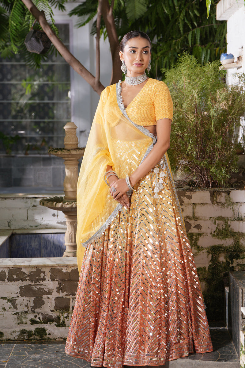 Ombre Yellow-Orange Sequins Lehenga Set