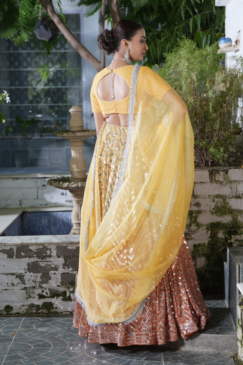 Ombre Yellow-Orange Sequins Lehenga Set