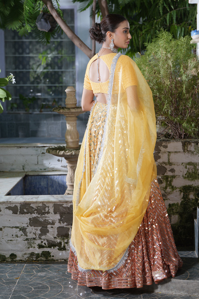 Ombre Yellow-Orange Sequins Lehenga Set