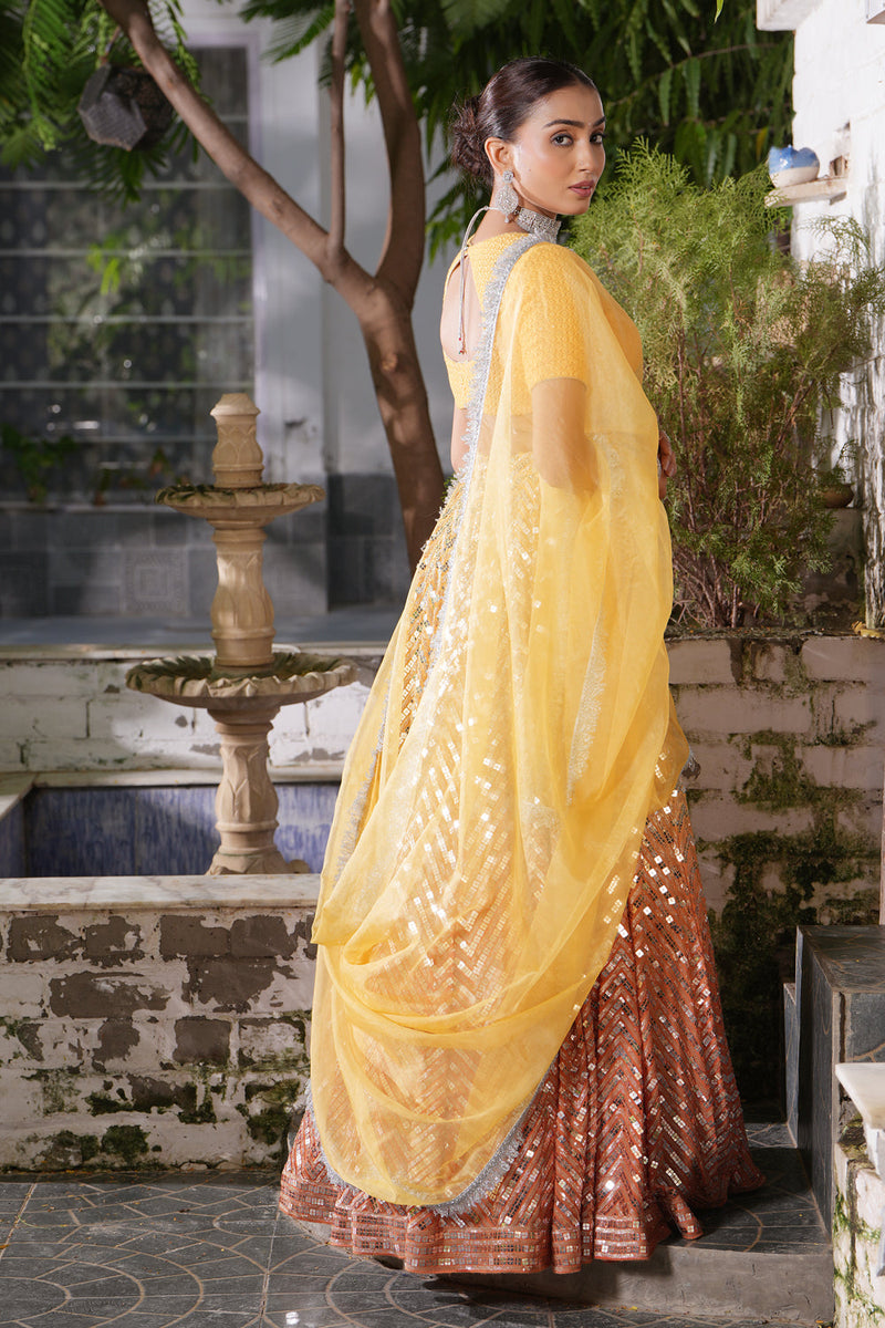 Ombre Yellow-Orange Sequins Lehenga Set