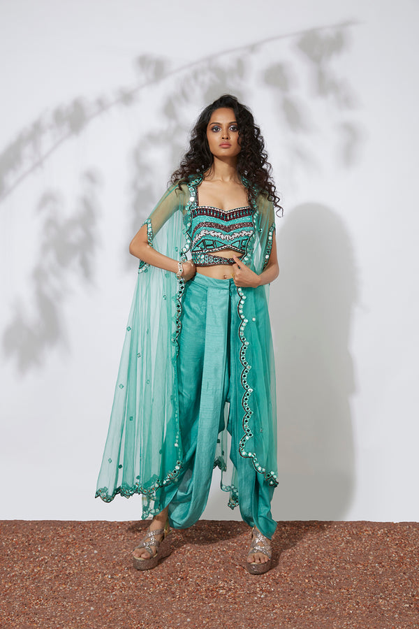 AQUA DHOTI PANTS WITH EMBROIDERED CHOLI & NET CAPE