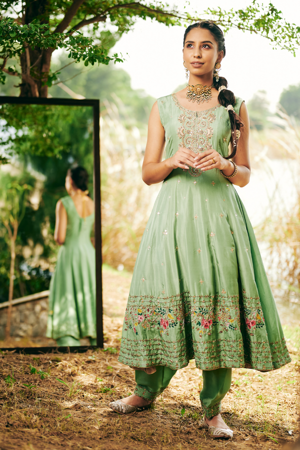 Cyan Color Anarkali with Scalloped embroidery dupatta