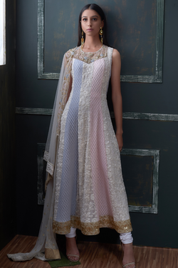 Chikankari Anarkali with Blue and pink shading