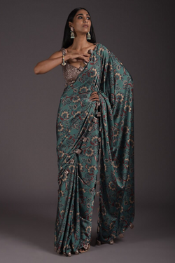 Laurel Green Saree In Satin With Floral Print And Sequins Blouse With Front Cut Out
