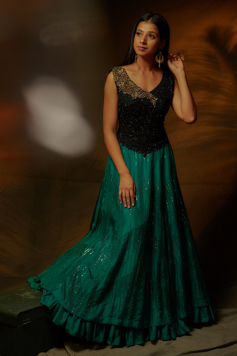 Black and Forest Green`Floor Length Dress