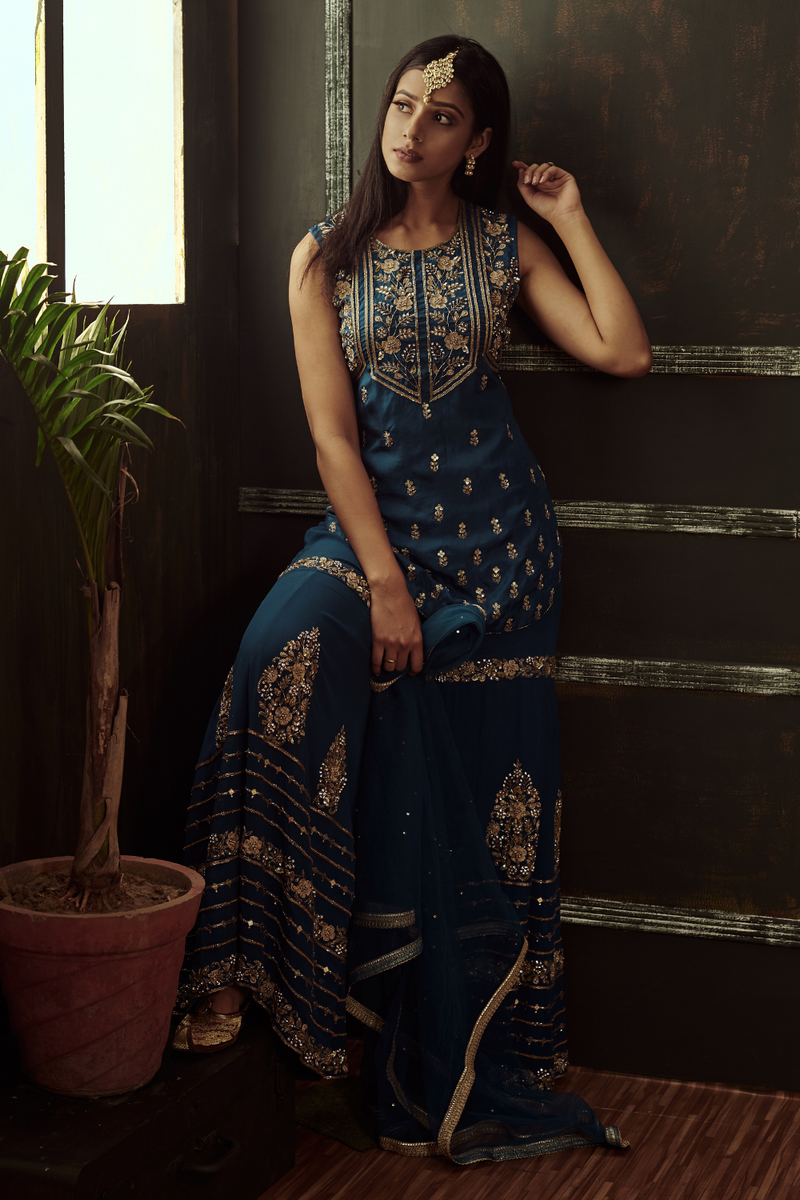 Teal Blue short Kurti with Sharara