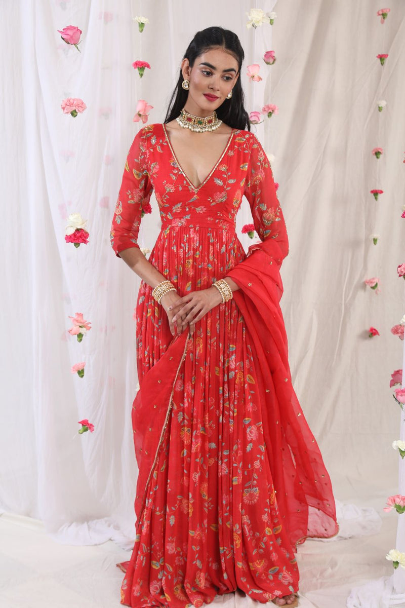 Buy Red Anarkali Silk Flair Pleated Floral Print With Dupatta For Women by  Ridhi Mehra Online at Aza Fashions.