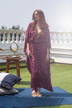 Pink Kaftan with Embroidered neckline