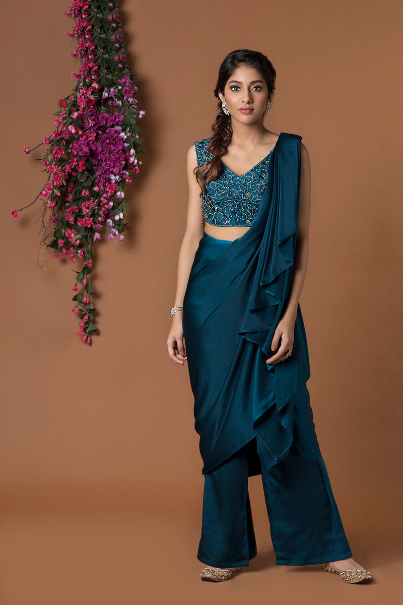 Teal Pant Sari With Belt