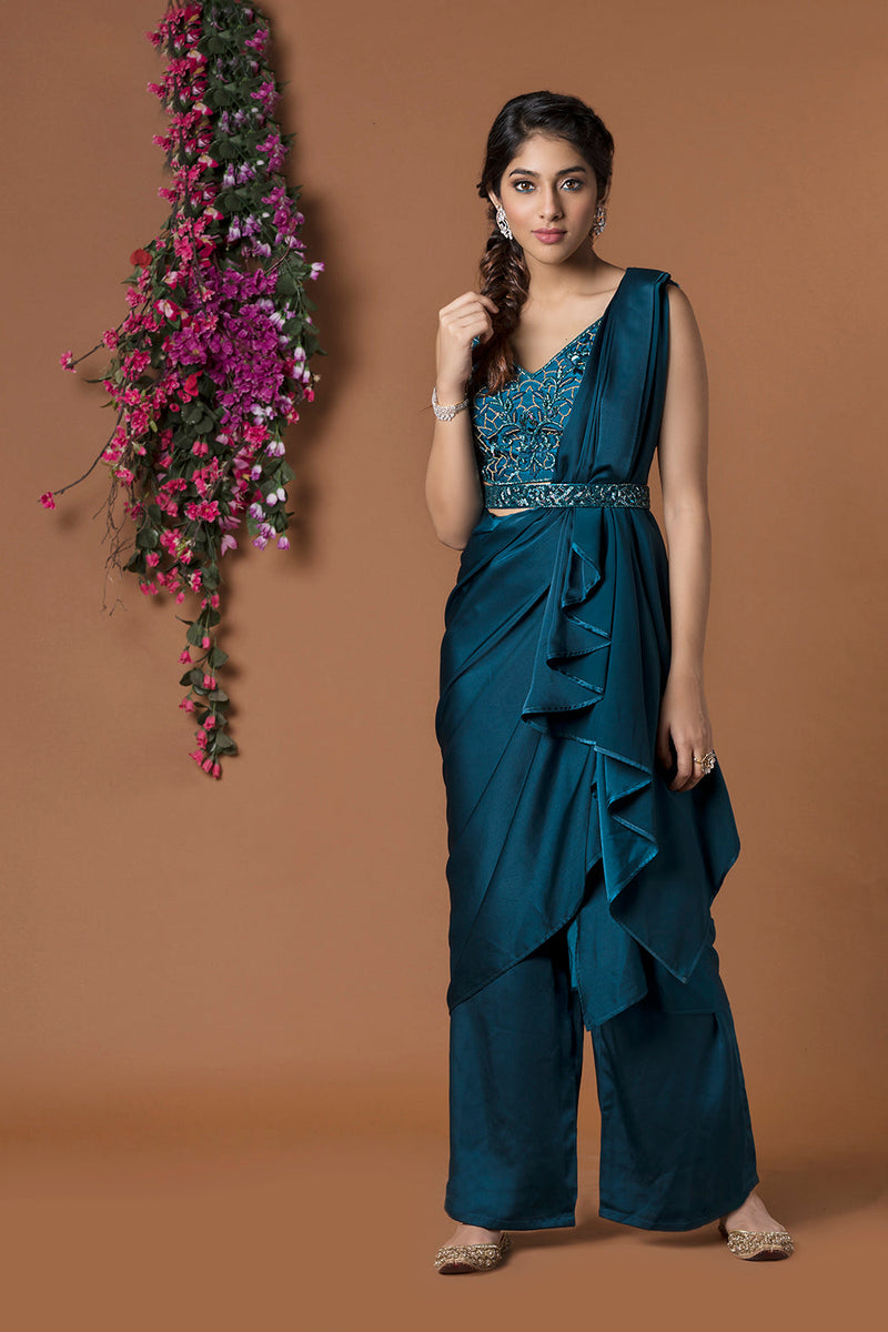 Teal Pant Sari With Belt