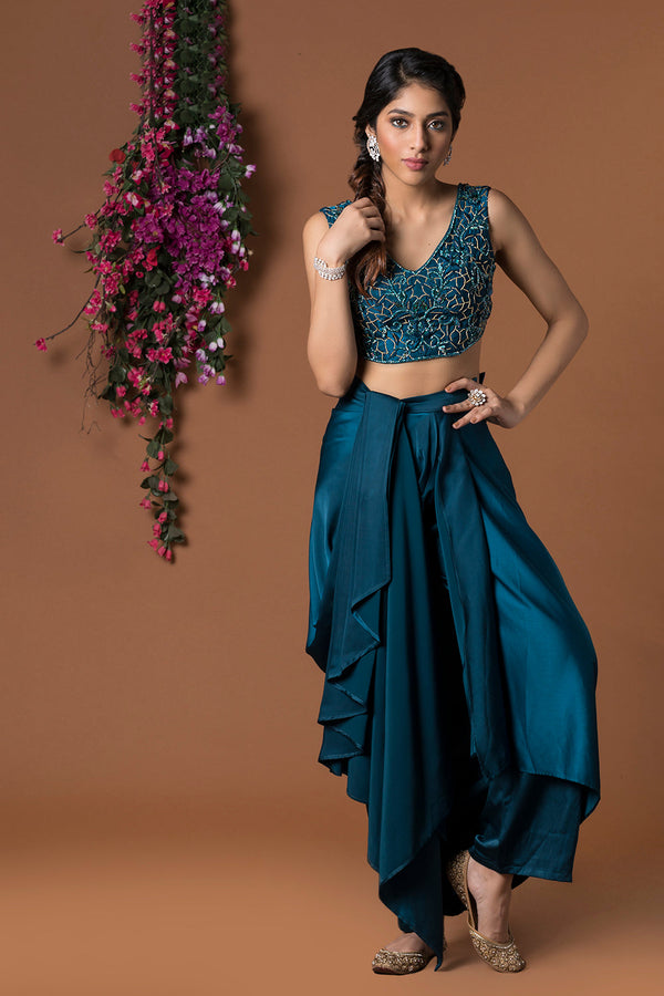 Teal Crop Top With Draped Pants Set