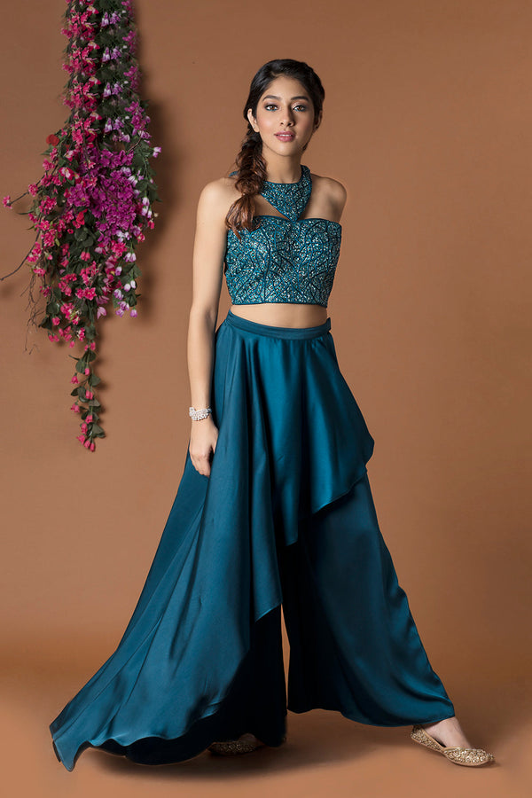 Teal Crop Top With Draped Pants Set