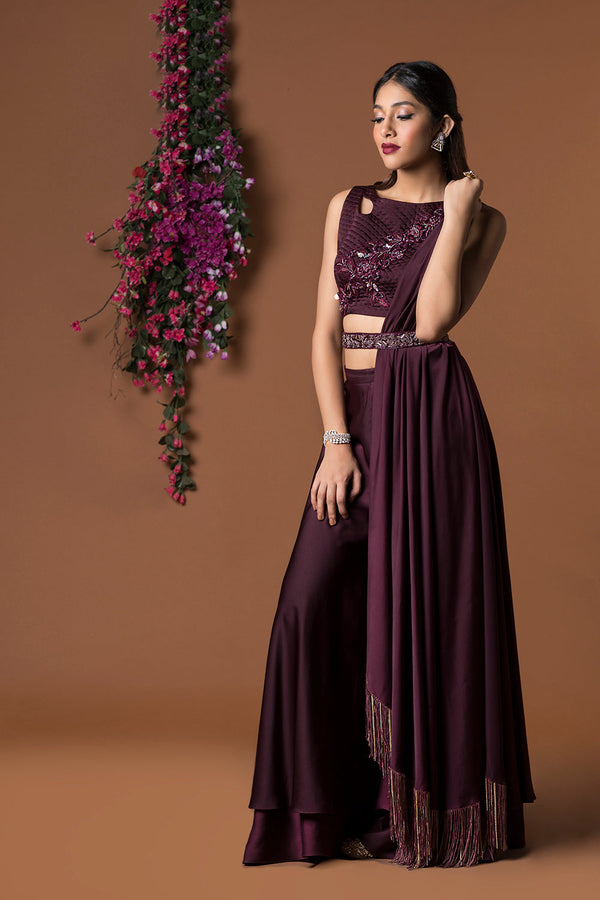 Wine Crop Top With Drape And Pants Set