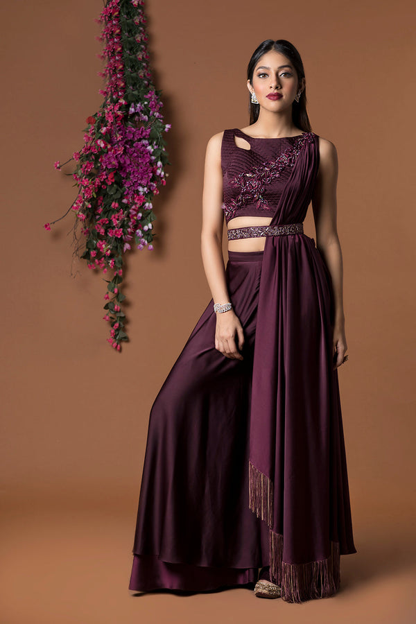 Wine Crop Top With Drape And Pants Set