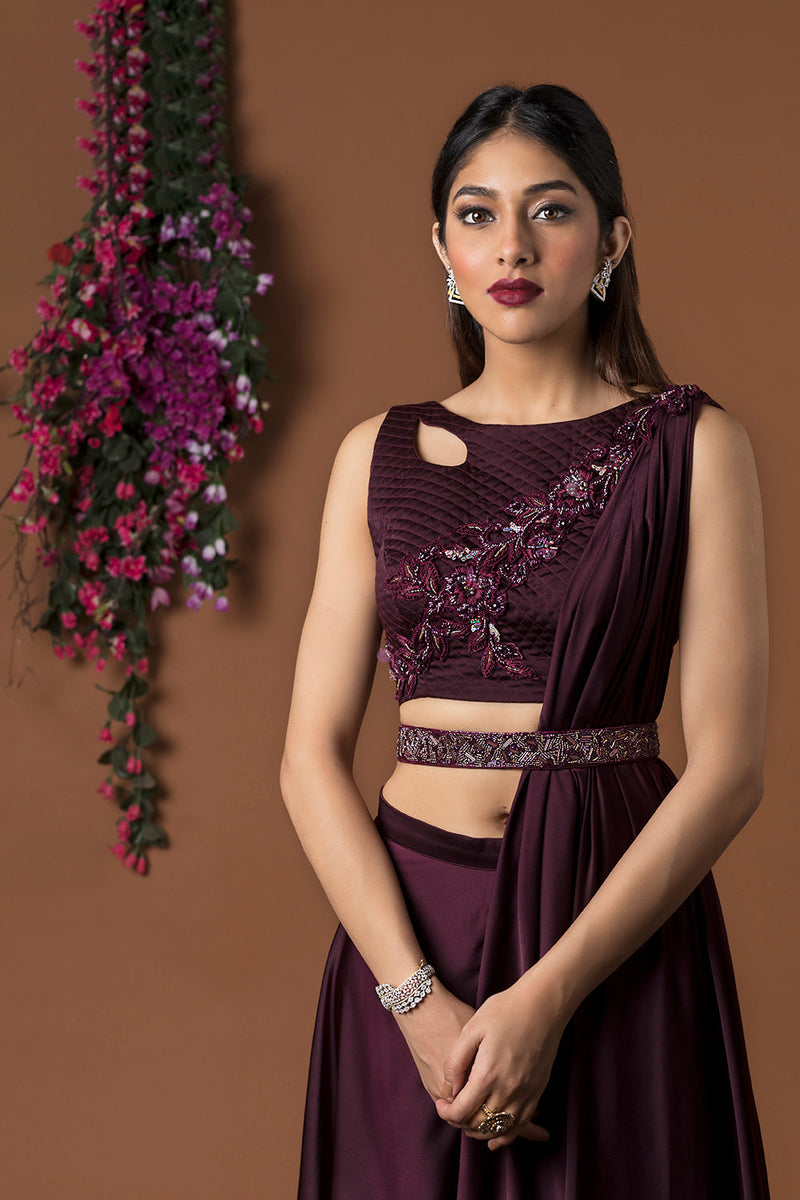 Wine Crop Top With Drape And Pants Set