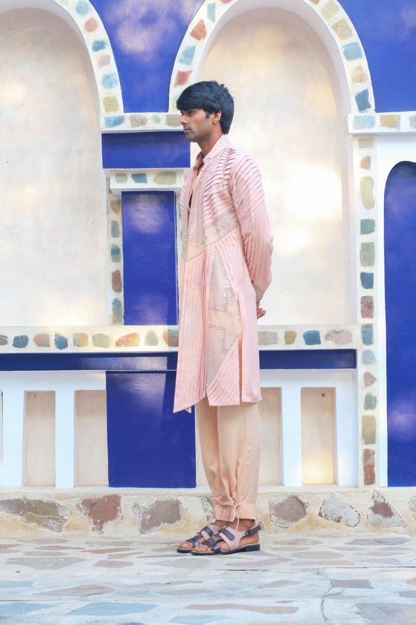 Salmon Pink Overlay Shrug With Kurta And Pants