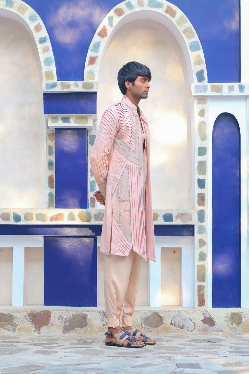 Salmon Pink Overlay Shrug With Kurta And Pants