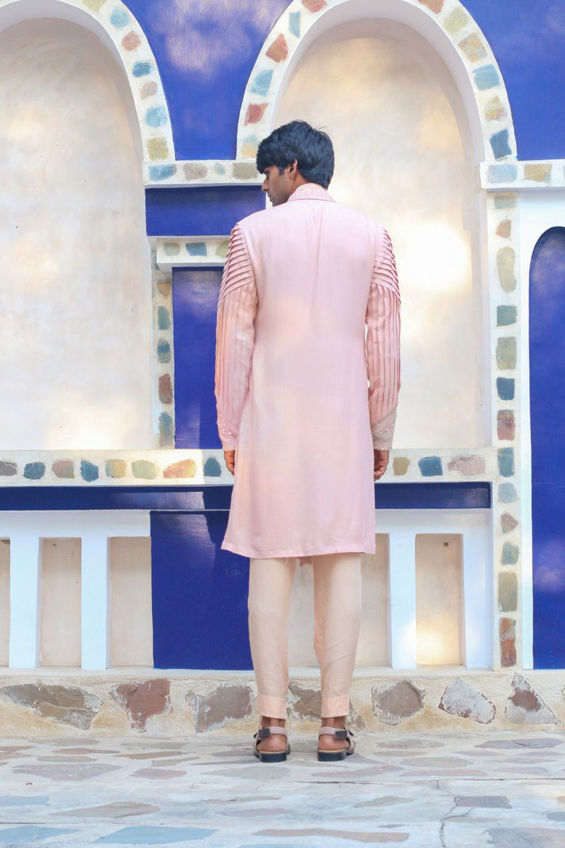 Salmon Pink Overlay Shrug With Kurta And Pants