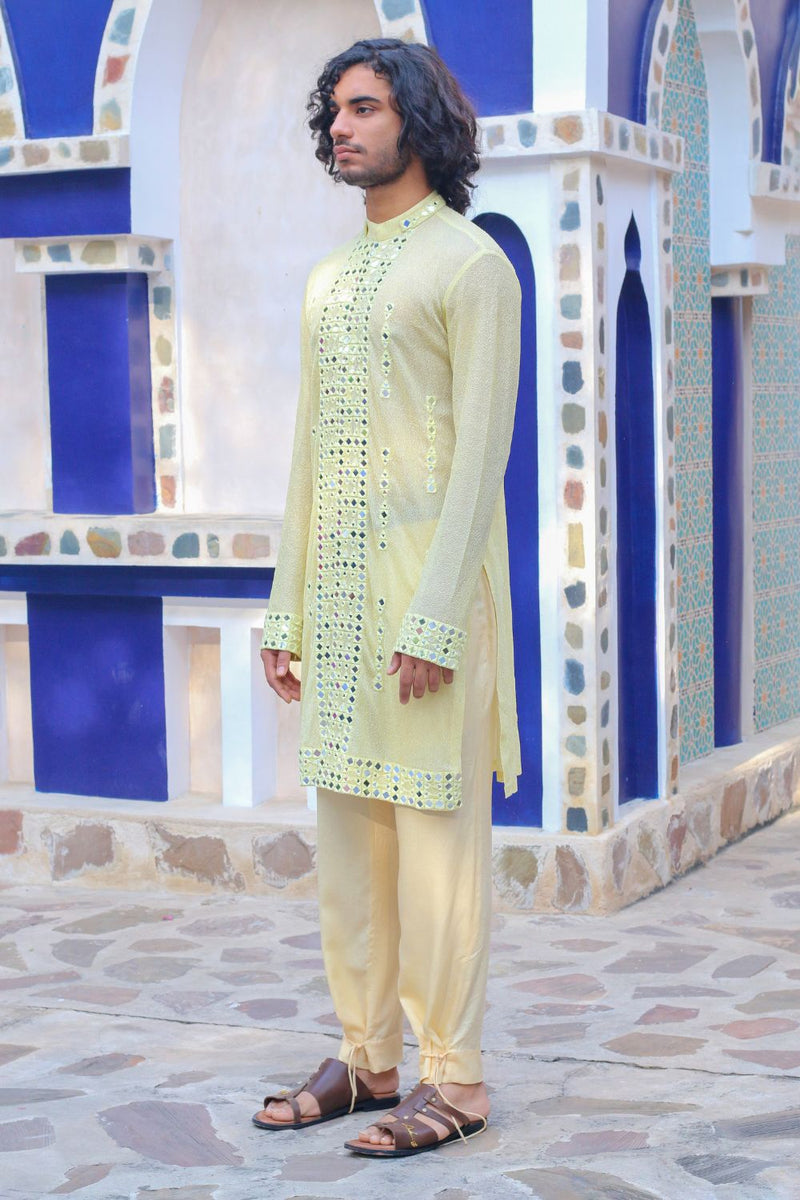 Lemon Yellow Mirror Kurta With Mirrored Stawl And Pants