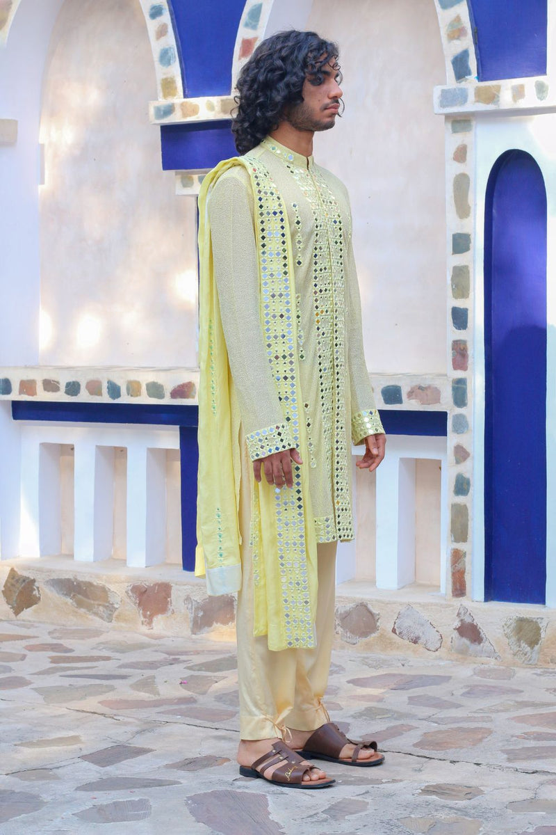 Lemon Yellow Mirror Kurta With Mirrored Stawl And Pants