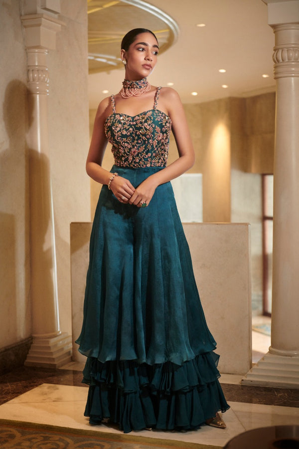 Teal Embroided Jumpsuit with Detachable Organza Dupatta