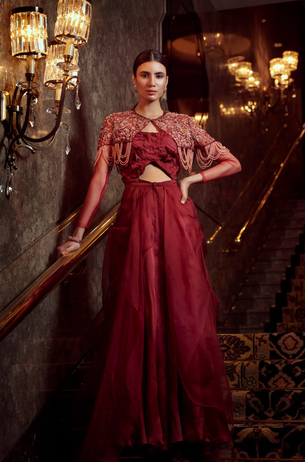 Cherry Red Jumpsuit with an Embroided Short Jacket with Detachable Drape on the Pants