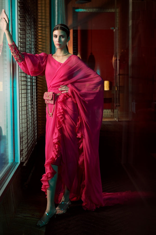 Persian Rose Ruffled Drape Saree