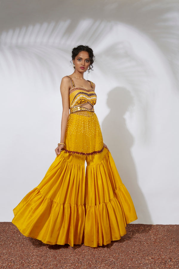 Yellow Sharara with Embroidered Bustier Choli