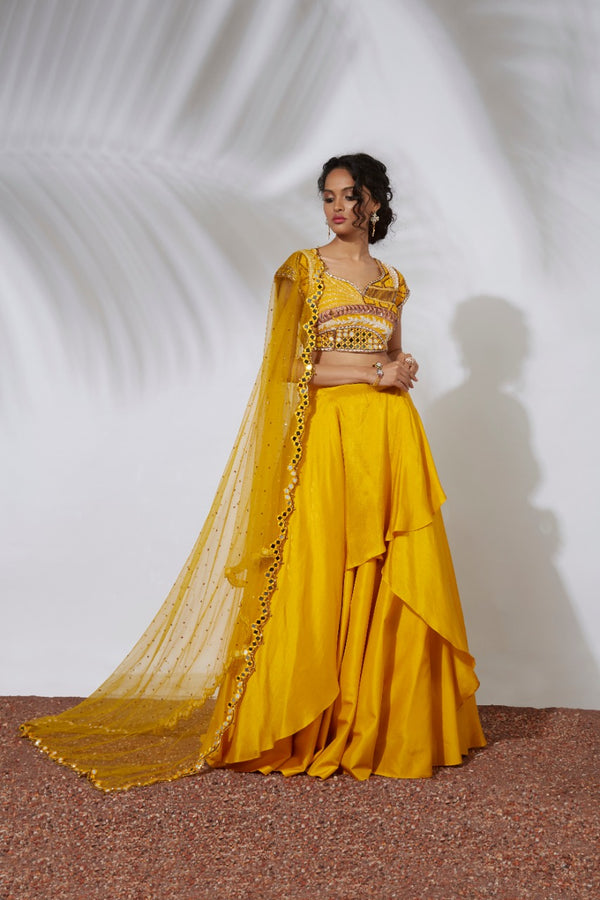 Yellow lehenga with embroidered choli & dupatta set