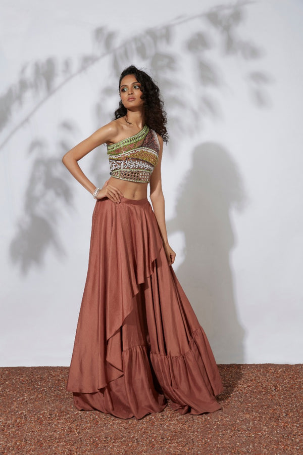 Burnt Orange Lehenga With Embroidered Crop Top