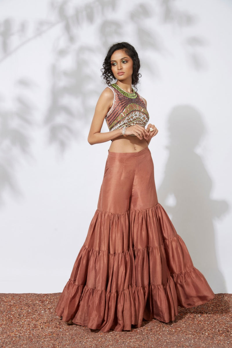 Burnt Orange Lehenga With Embroidered Crop Top