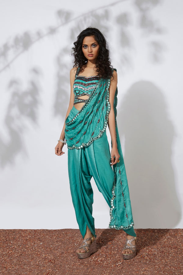 Aqua Dhoti Pants Sari With Embroidered Choli