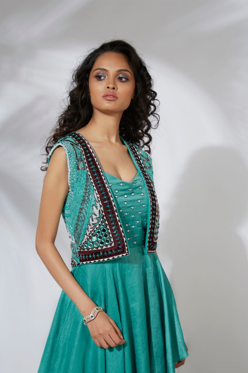 AQUA ASYMMETRICAL GOWN WITH EMBROIDERED CROP JACKET