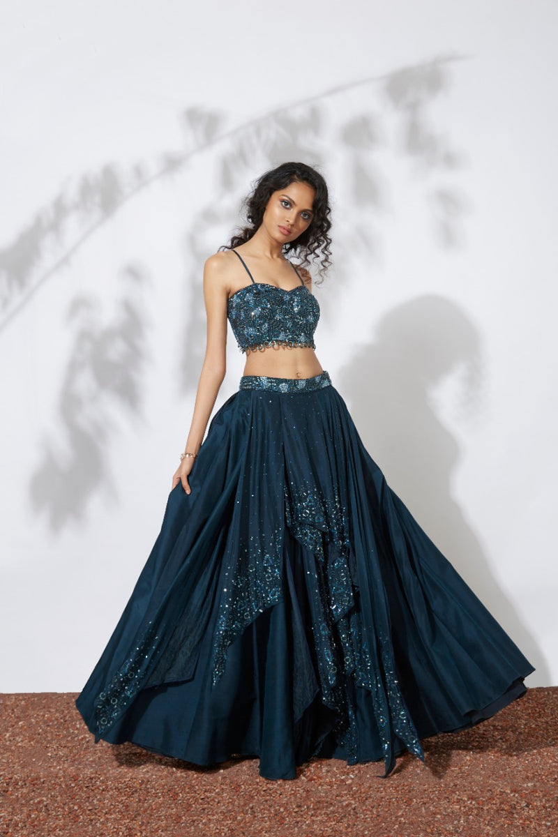 TEAL 32 PANELS EMBROIDEREDLEHENGA CROP TOP SET