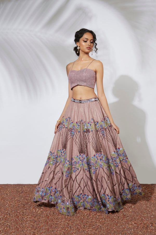 ROSE PINK EMBROIDERED LEHENGA CROP TOP SET WITH ORGANZA RUFFLE DUPATTA