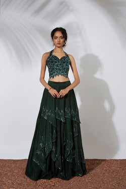 FOREST GREEN 32 PANELS EMBROIDERED LEHENGA CROP TOP SET