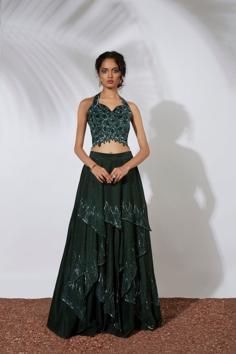 FOREST GREEN 32 PANELS EMBROIDERED LEHENGA CROP TOP SET